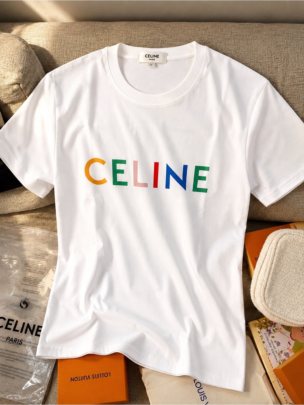 Celine White Logo Tee with Multicolor Lettering